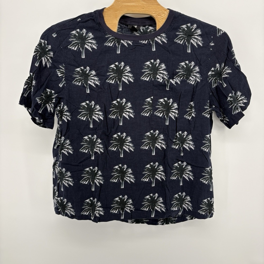H&M Mens XL Blue Floral Short Sleeve Button Up Shirt Coupe‎ All Over Palm Trees